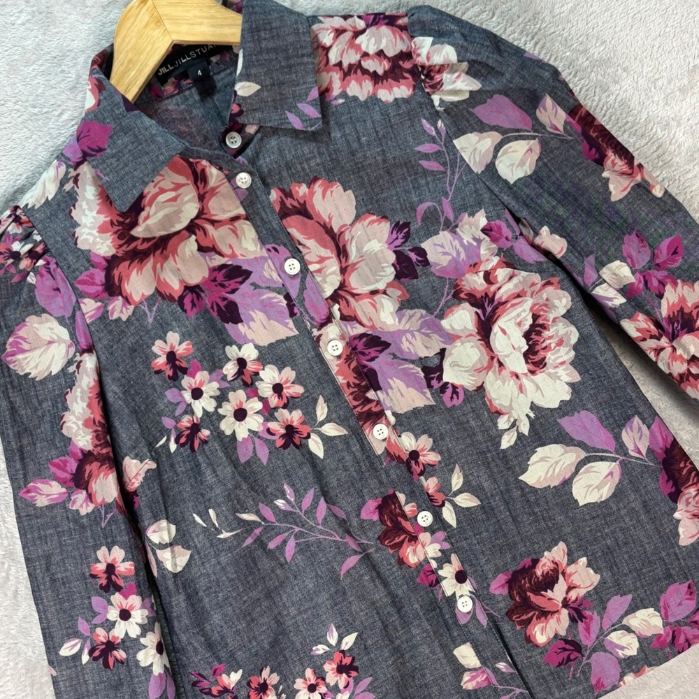 Jill Jill Stuart Women's Button Down Floral Shirt Gray Pink Cotton Size‎ 4 Chic